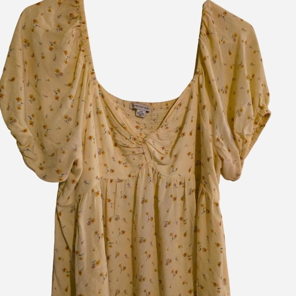 AE‎ Yellow Floral Babydoll Top Coquette Cottagecore Y2K Large Puff Sleeves